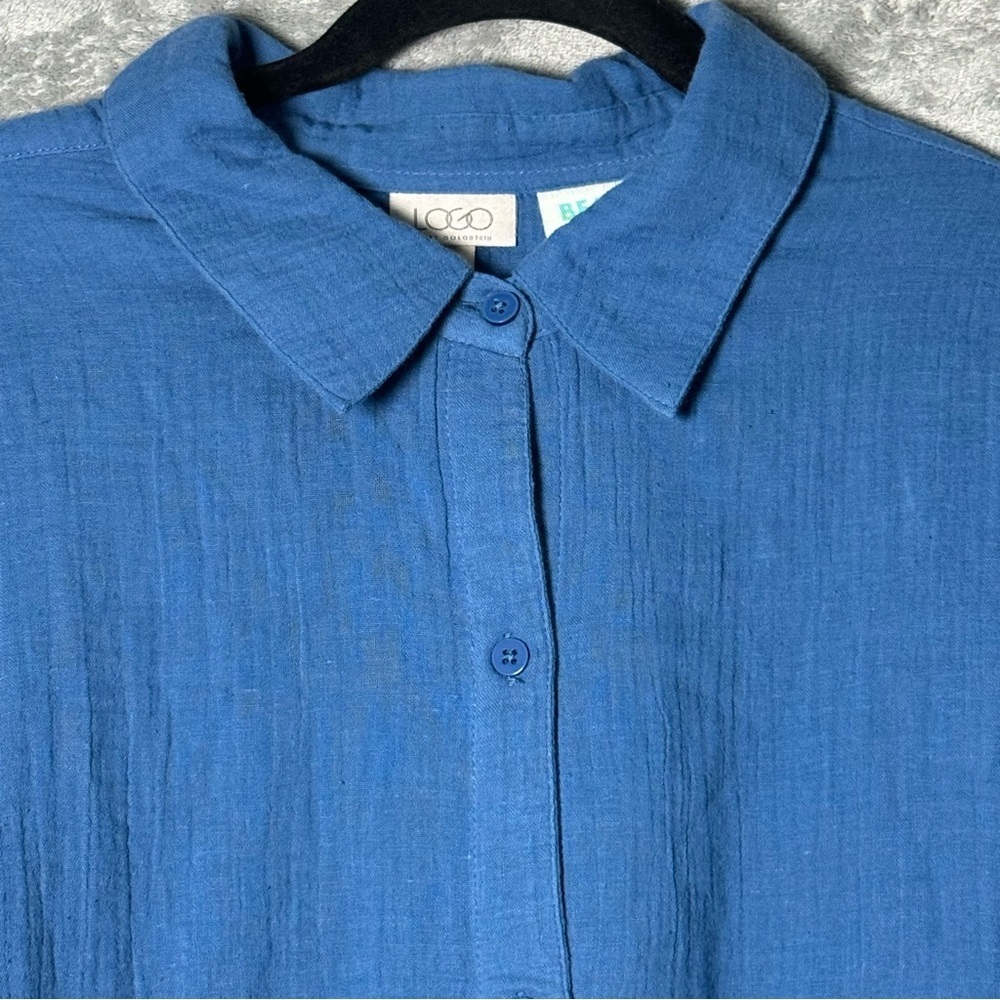 Logo Lor Goldstein XL Top Shirt Blue Solid 3/4 Sleeve Collared Button Up Cotton - Picture 3 of 7